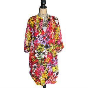 SPX TUNIC Swim cover up red floral PLUS SIZE top 3/4 sleeves size 50 style ELENA